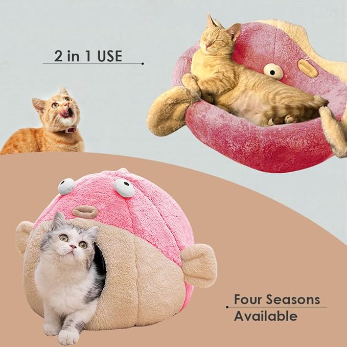 Cat Beds for Indoor Cats - Cat Bed Cave with Removable Washable Cushioned Pillow, Soft Plush Premium Cotton No Deformation Pet Bed, Lively Pufferfish cat House Design, Pink, Multiple Sizes