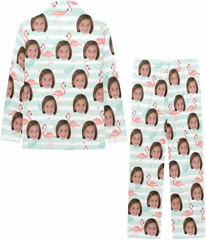 Artsadd Girls Pajamas Set Custom Face Pet Photo Long Sleeve Sleepwear Personalized Printed V-Neck Button-up Pants Nightwear