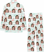 Artsadd Girls Pajamas Set Custom Face Pet Photo Long Sleeve Sleepwear Personalized Printed V-Neck Button-up Pants Nightwear