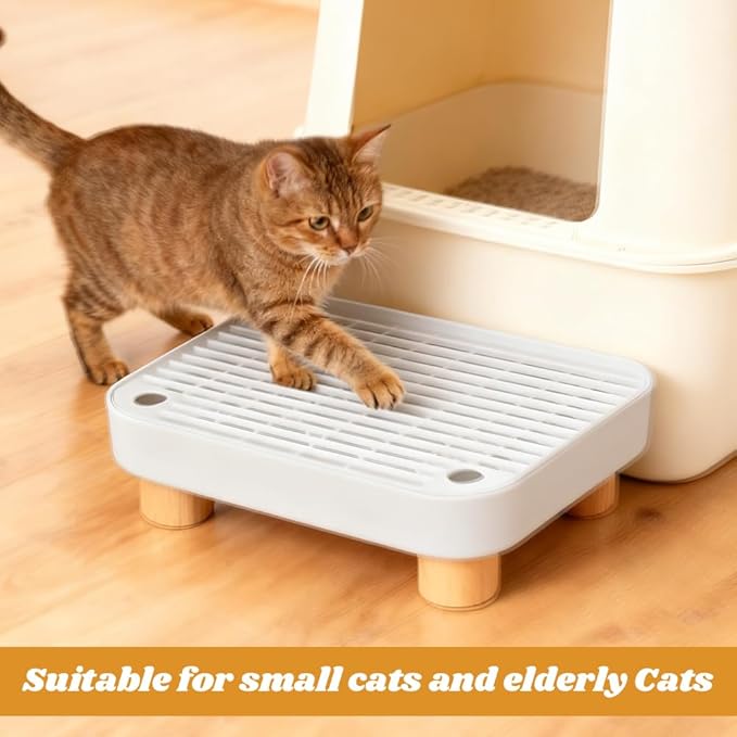 Litter Box Step with Litter Shovel, Box Ramp/Catcher with Wooden Base, Easy Cleaning with Filter Function Ideal for Cats Pedal Stool Kitten & Elderly Cats (Color:Grey)