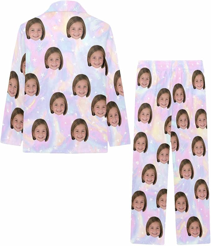 Artsadd Girls Pajamas Set Custom Face Pet Photo Long Sleeve Sleepwear Personalized Printed V-Neck Button-up Pants Nightwear