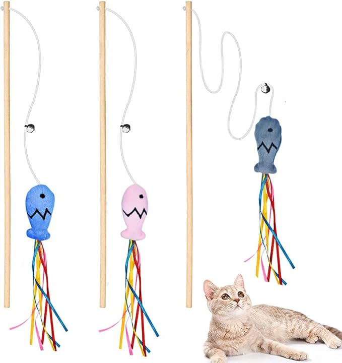 IUHKBH Cat Wand, 3 PCS Interactive Kitten Toys Wooden Handle Kitten Teaser Toys with Cute Fish Tail Sturdy Cat Sticks