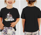 KEEVICI Cute Cartoon Cat Shirts for Girls Kids Graphic Tees Kawaii Animal Pattern T Shirt Cotton Crewneck Summer Loose Tops