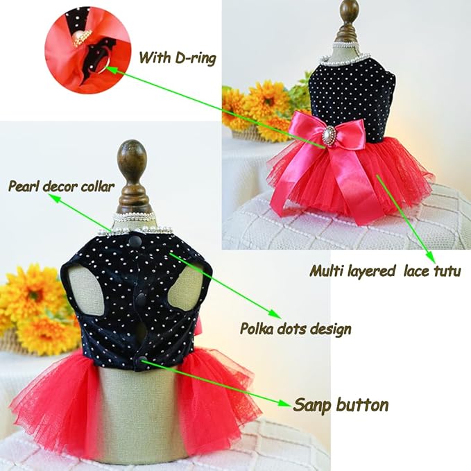 Black Polka Dot Dog Dress with D-Ring, Puppy Wedding Attire for Small Dog Girl,Cat Birthday Outfit, Red Tutu Party Dress for Kitten Chihuahua Yorkie Pomeranian (Black, X-Small)
