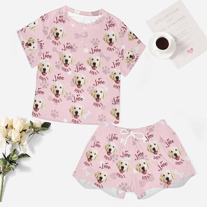 Custom Short Pajamas Set with Face Photo Women‘s Sleepwear Tee Personalized PJ Short Loungewear Set fot Her