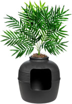 Good Pet Stuff Hidden Litter Box Planter, Decorative Cat Litter Enclosure with Carbon Filter, Artificial Plant, Easy Clean, Indoor Design, Original Round Style, Base Kit, Black Suede