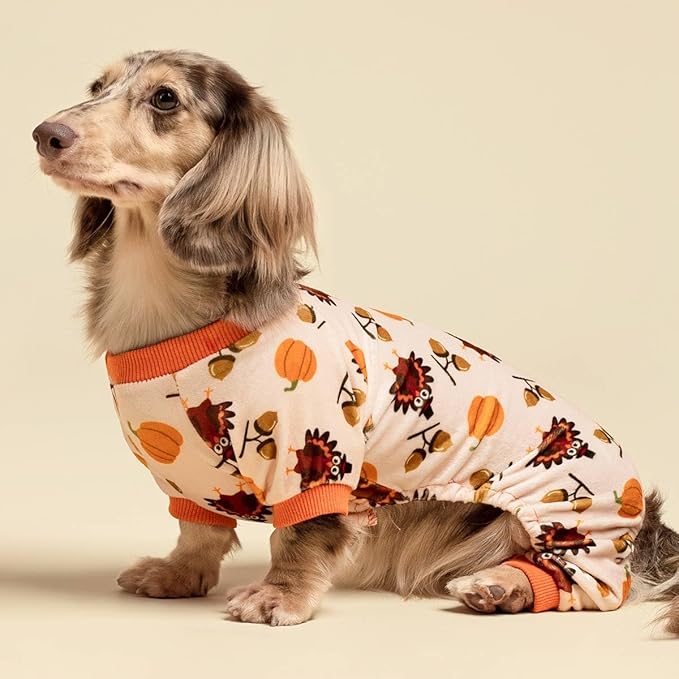Fitwarm Thanksgiving Turkey Dog Pajamas, Funny Dog Winter Clothes for Small Dogs Girl Boy, Pet Jumpsuit, Cat Onesie with Feet, Lightweight Velvet, Orange, XXL