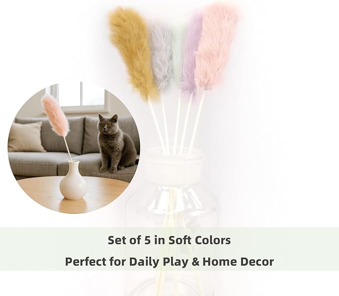 Rabbit Fur Cat Toys – 5PCS Interactive Cat Wand Toys for Indoor Cats, Soft Teaser Sticks for Play & Exercise, Natural Fur Cat's Teaser Set, 15" Long