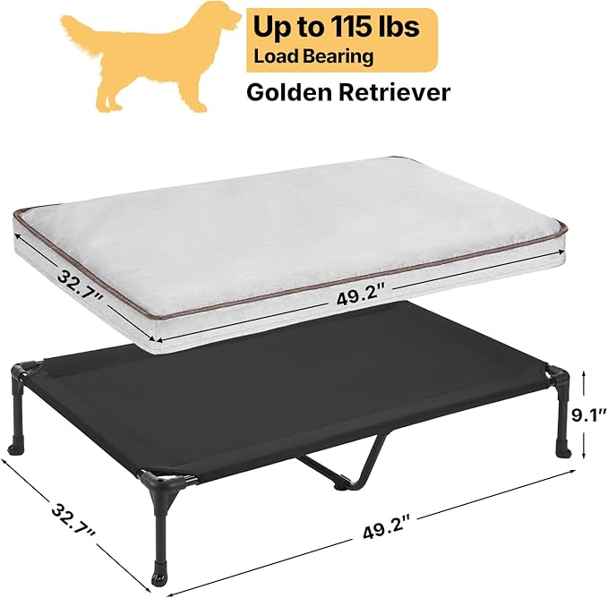 Veehoo Elevated Dog Bed with Waterproof Cushion Mat, Cooling Raised Dog Beds with Padded Top, Washable Outdoor Dog Bed, Orthopedic Pet Cot for Indoor &Outdoor, Extra Large Dog Bed 49" x 33", Dark Grey