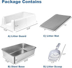Cat Litter Box – Open Top Stainless Steel Large Litter Pan for Big Cats – High Sided Non-Stick Anti-Leakage – Easy to Clean with Scoop & Litter Mat (White)