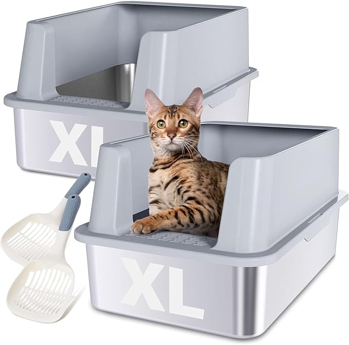 XL Stainless Steel Litter Box 2 Pack, 24x16x12 Inches Extra Large High Sided Metal Cat Litter Box with Lid, Easy Clean, Non Stick & No Smell