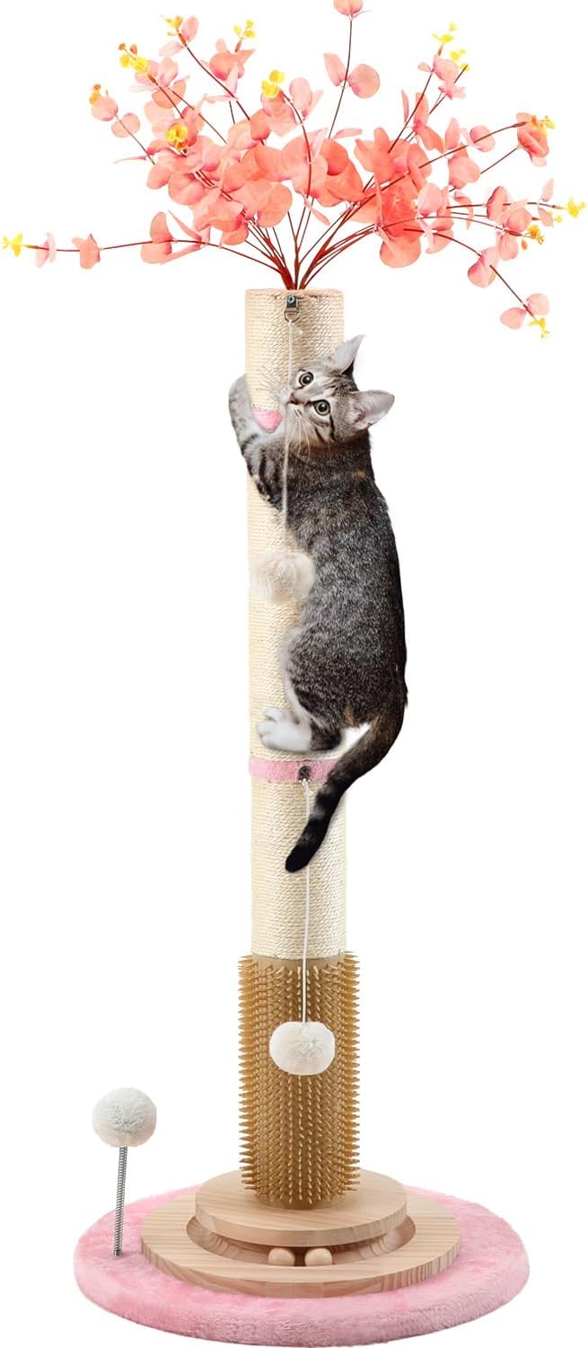 45'' Tall Cat Scratching Post,3.5Inch Diameter Sisal Rope Scratching Post for Indoor Cats Adults Kittens,Cat Scratcher with Interactive Ball Toys Self Groomer Brush for Large Cats (pink-45inch)