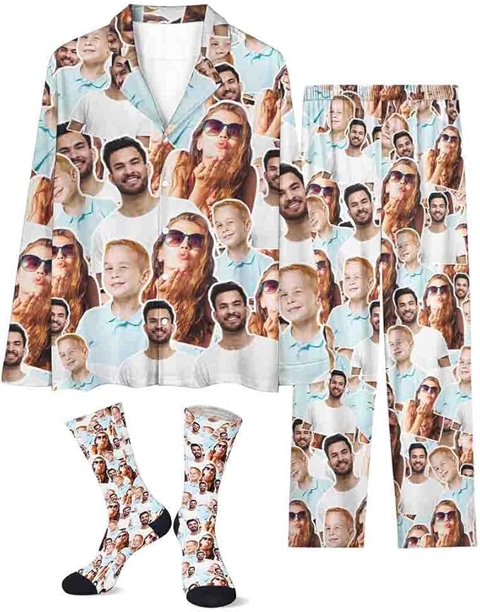 Custom Face Pajamas for Women Men,Personalized Dog Cat Pet Pajamas Set,Christmas Long Sleeve Sleepwear Pjs