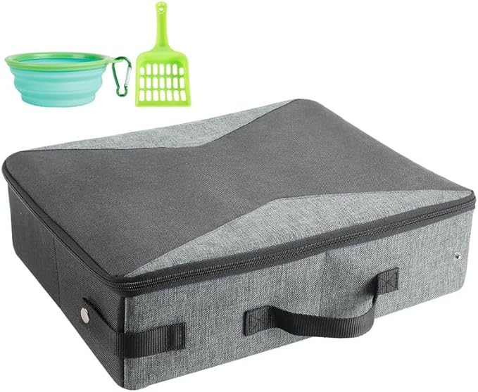 HiCaptain Portable Litter Box for Cats, Cat Travel Litter Box with Lid and Handle Standard Portable Collapsible Litter Carrier for Cat (L,Black/Gray)