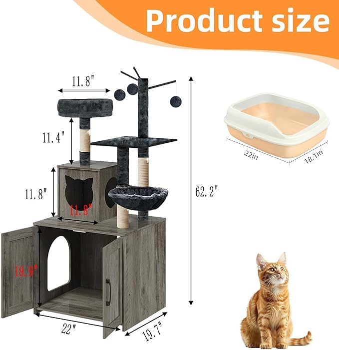 Cat Tree with Litter Box, Wood Litter Box Enclosure with Food Station, Modern Cat Tower for Indoor Large Cats with Large Platform,Cat Condo with Scratching Posts, Hammock, Caves, Basket,Grey