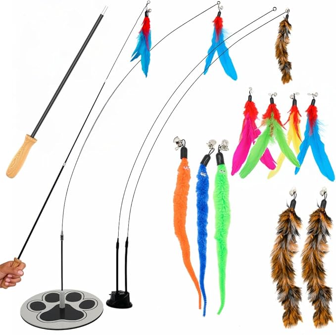Cat Wand Toy Cat Fishing Pole Toy Cats Feather Toys Suction Cup for Indoor Cats Teaser Wand Feather Attachments Multisurface Base
