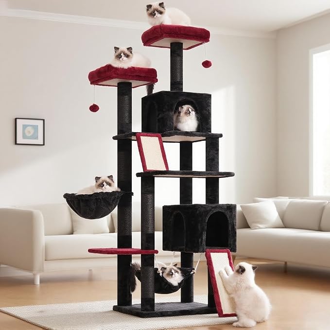Cat Tree for Indoor Cats, 71'' (180cm) Multi-Level Cat Tower for Large Adult, Gothic Sturdy Cat Tree House with 2 Scratching Boards 7 Posts, 2 Plush Perches/Condos, Hammock, Black GCT032BR