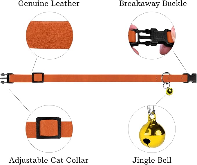 Breakaway Cat Collar Leather with Removable Bell - 13 Colors Available - Soft Adjustable Girl Boy Safety Lightweight Pet Kitten Collars Pink Brown Blue Green Red Orange Black (Orange)