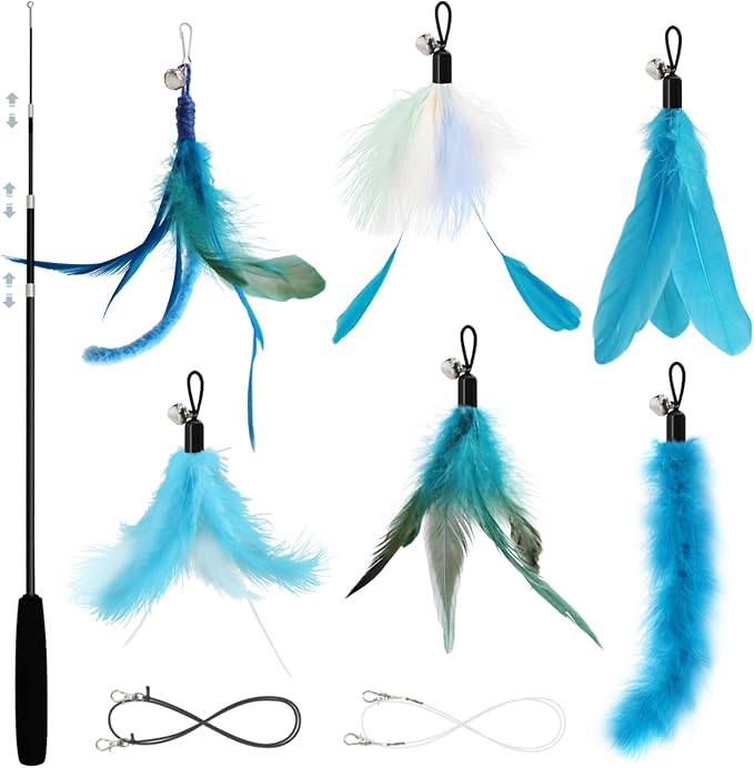 SONGWAY Cat Wand Toys for Indoor Cats - Cat Toy Set with Retractable Teaser Wand and 6 PCS Fairy Feather Toy Refills, Dragonfly Tassel Plush Cat Toys Interactive, Blue