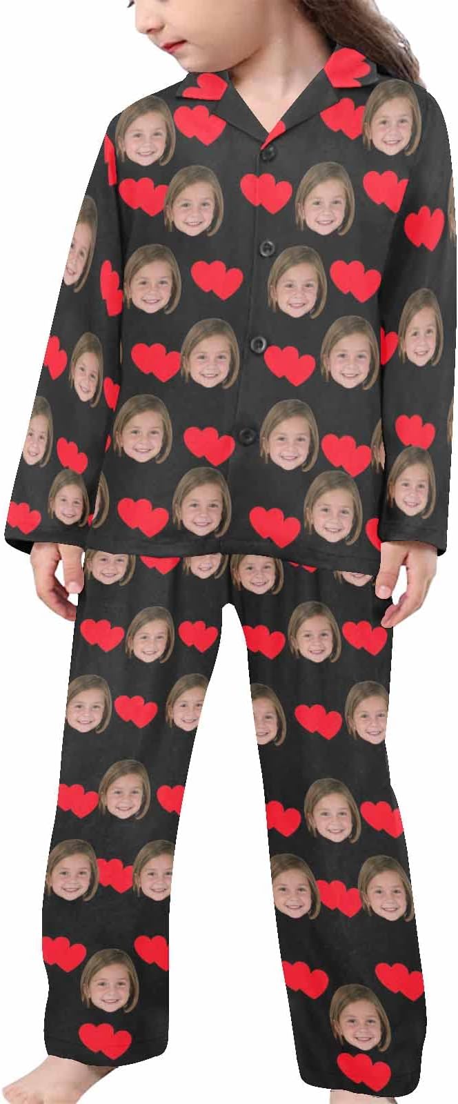 Artsadd Girls Pajamas Set Custom Face Pet Photo Long Sleeve Sleepwear Personalized Printed V-Neck Button-up Pants Nightwear