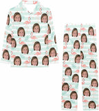 Artsadd Girls Pajamas Set Custom Face Pet Photo Long Sleeve Sleepwear Personalized Printed V-Neck Button-up Pants Nightwear