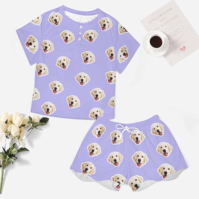 Custom Short Pajamas Set with Face Photo Women‘s Sleepwear Tee Personalized PJ Short Loungewear Set fot Her