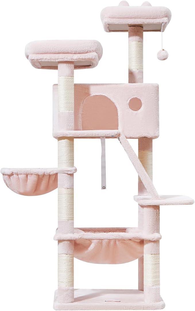 Taoqimiao Cat Tree 57.5-Inch, Cat Tower for Indoor Cats Large Adult, Extra Large Cat Condo, 8 Sisal Scratching Posts, Metal Frame Cozy Hammock, Durable Scratch Board, 2 Top Perches, Jelly Pink MS026P