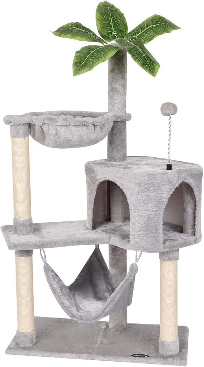 KIYUMI Cat Tree Cat Tower Condo with Sisal Scratching Post for Indoor Cats Tree Furniture with Hammock Perch and Kitten Ball Toys, Multi-Level Pet Activity Center (Grey)