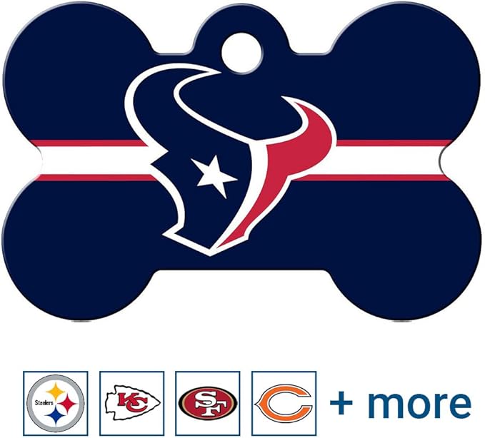 GoTags Personalized Houston Texans Dog Tag, Brass Metal Bone Shape Pet ID Tag Engraved with Name and Custom Text, Every NFL Football Team Pet Apparel (Large)
