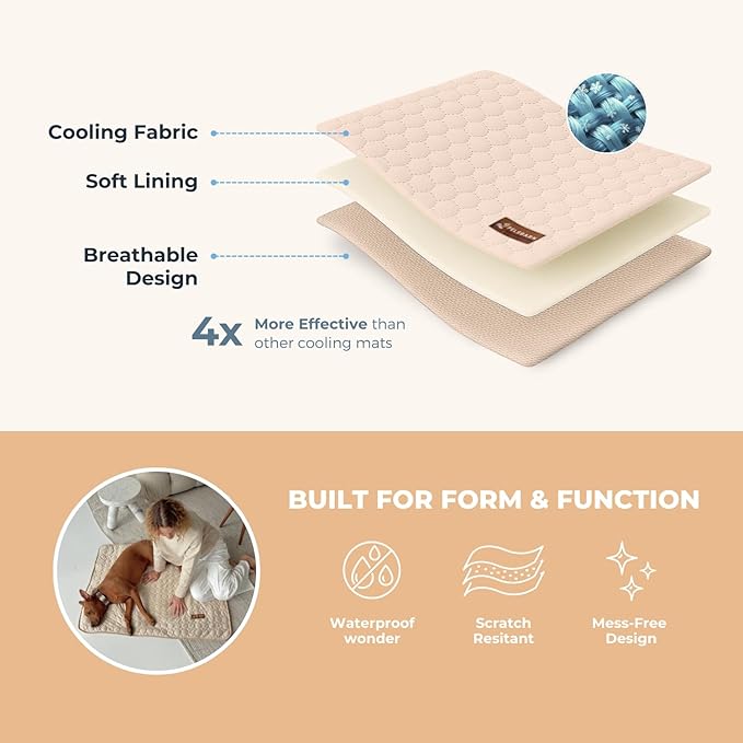 Pelsbarn Dog Cooling Mat- Ice Silk Summer Comfort, Self Cooling, Non-Slip Dog Pad, Durable & Washable, Mat for Extra Large Dogs 33"" x 45"", Support Shelter Dogs with Every Purchase (Beige)