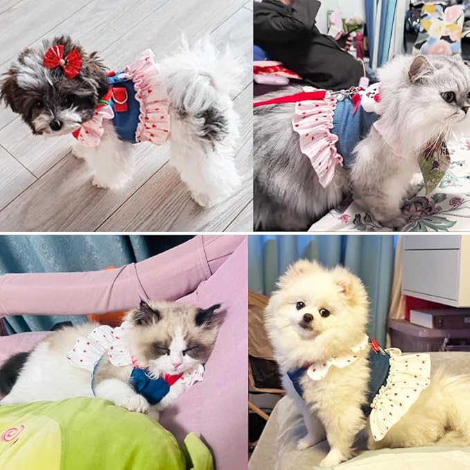 ANIAC Denim Dog Dress Harness with Leash Set Cute Small Dogs Clothes Girl Heart Patterns Puppy Dresses Breathable Mesh Cat Harness Leash Strawberry Chihuahua Yorkie Outfit (Pink Heart, XX-Large)