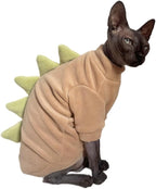 Dinosaur Sphynx Cat Clothes, Soft Polar Fleece Sweater for Cat, Elastic Pet Clothes Thick Winter Warm Outfit for Hairless Cat, Devon, Cornish, Small Dogs Apparel with Sleeves (Khaki, Large)
