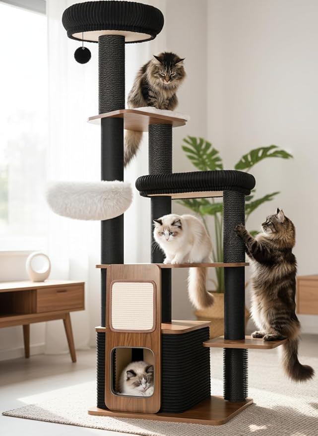 63" Modern Cat Tree Tower for Indoor Cats, Heavy Duty Cat Trees for Large Cat, Adult Maine Coon Cat Tree Tower with Scratching Post, Extra Large Top Perch, Cat Condos, Jet Black