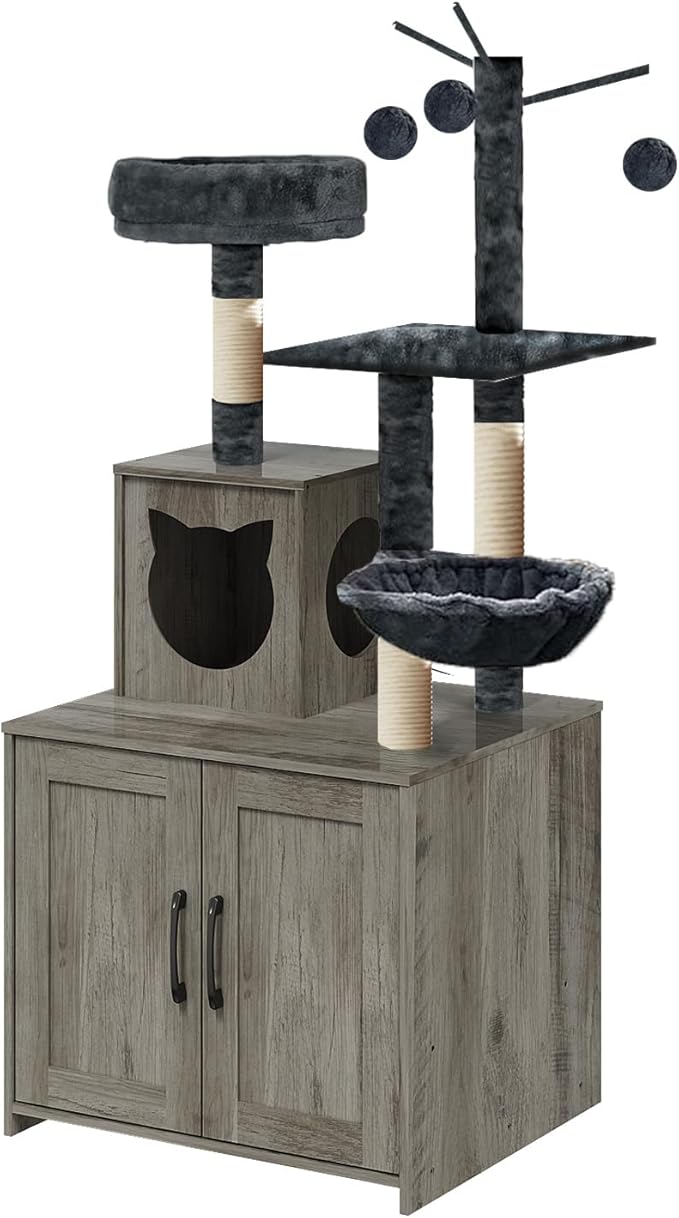 Cat Tree with Litter Box, Wood Litter Box Enclosure with Food Station, Modern Cat Tower for Indoor Large Cats with Large Platform,Cat Condo with Scratching Posts, Hammock, Caves, Basket,Grey