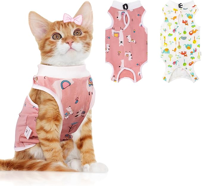 2 PCS Cat Recovery Suit for Spay Abdominal Wounds Cat Onesie for Cats After Surgery Recovery Suit Female Breathable E-Collar Alternative Kitten Onesie Anti Licking Small