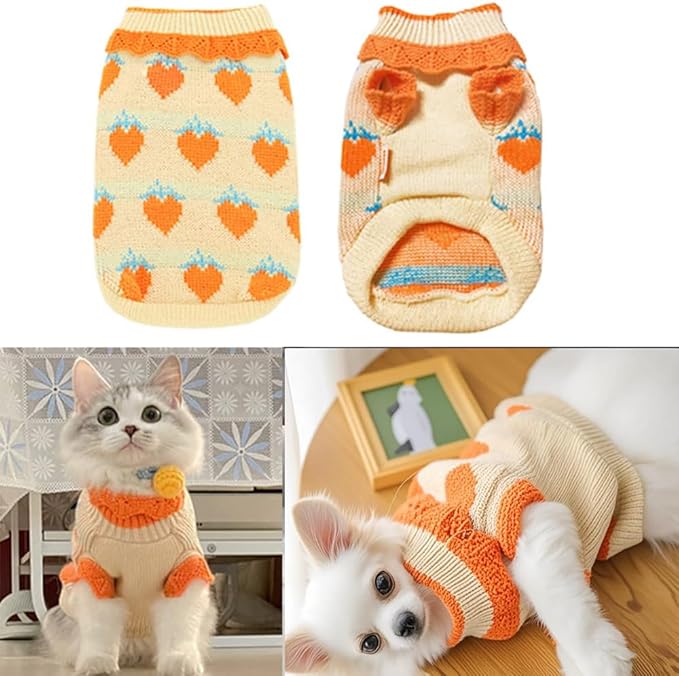 ANIAC Fall Dog Sweater for Small Dog Girl Strawberry Knitted Cat Sweater Winter Puppy Clothes Turtleneck Kitten Knitwear Could Weather Outfit for Teacup Chihuahua Yorkie Poodle (Medium, Orange)