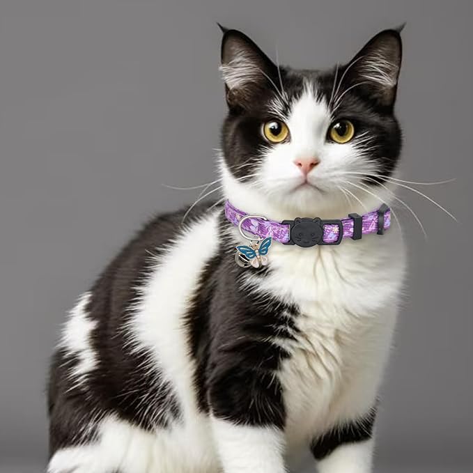 Cat Collar Breakaway, 2 Pack Cotton Cats Collars with Bells, Cute Butterfly Shaped for Girl Boy Kittens, Purple and Black