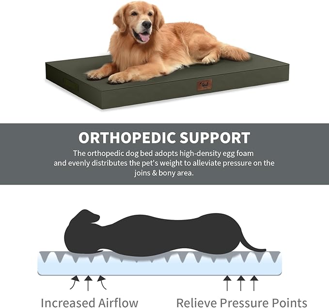 Outdoor Large Washable Dog Bed, Orthopedic Egg Crate Foam Dog Crate Mat for Large Dogs with Removable Oxford Cooling Cover, Brown