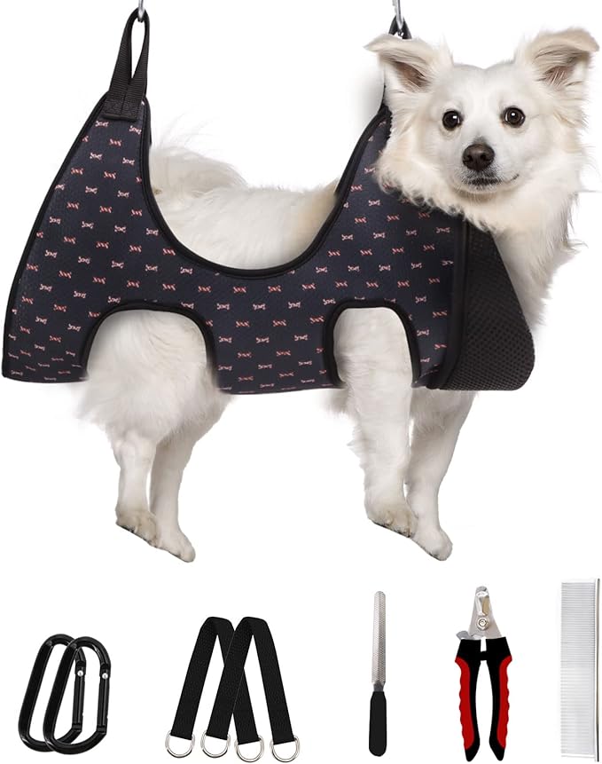 Supet Dog Grooming Hammock Harness for Dogs Cats, Relaxation Pet Nail Clipper Hammock, Restraint Dog & Medium Animal Leashes Sling for Groomingk for Nail Trimming (Black Currant, M)