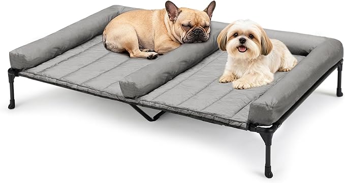 Veehoo Cooling Raised Dog Beds + Waterproof Double Dog Bed Cushion for Two Medium Dogs, Elevated Pet Cot with Removable Bolster Mat, Breathable Mesh, No-Slip Feet, Pets Couch Bed, 49x 33inches, Grey