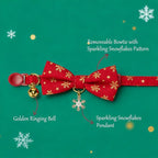 Christmas Cat Collar 2 Pack Cotton Bowtie Cat Collars Glittery Snowflakes Cute Kitten Collar(Red+Green)