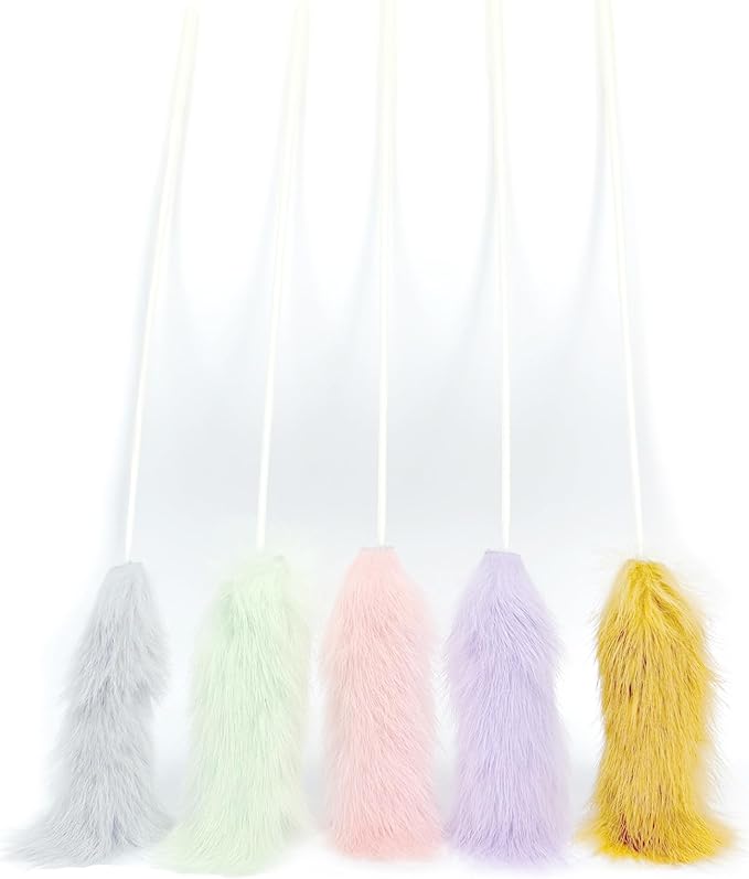 Rabbit Fur Cat Toys – 5PCS Interactive Cat Wand Toys for Indoor Cats, Soft Teaser Sticks for Play & Exercise, Natural Fur Cat's Teaser Set, 15" Long