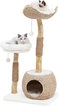 Cat Tree Tower for Indoor Cats, Modern Real Wood Cat Condo with Scratching Post, Jumping Platforms, Hanging Toy Ball for Multi-Cat Households