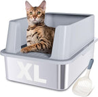 XL Stainless Steel Litter Box, Extra Large High Sided Metal Cat Litter Box with Lid and Scooper, Easy Clean, Non Stick & No Smell-24"x16"x12"