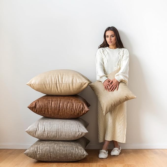 Oversized Vintage Decorative Pillow Covers 28x28, Pack of 2 Thickened Abrasion Farmhouse Faux Leather Cushion Cover, for Home Decor Outdoor Pet Hair Resistant Throw Pillow Covers Olive Green