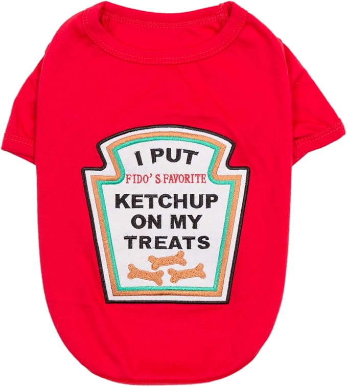 Parisian Pet Dog Shirt - Embroidered “I Put Ketchup on My Treats“ - 100% Cotton and Polyester Doggy Clothes - Sleeved, Lightweight Costume for Dogs - Red Puppy Shirts for Large Dogs - XL