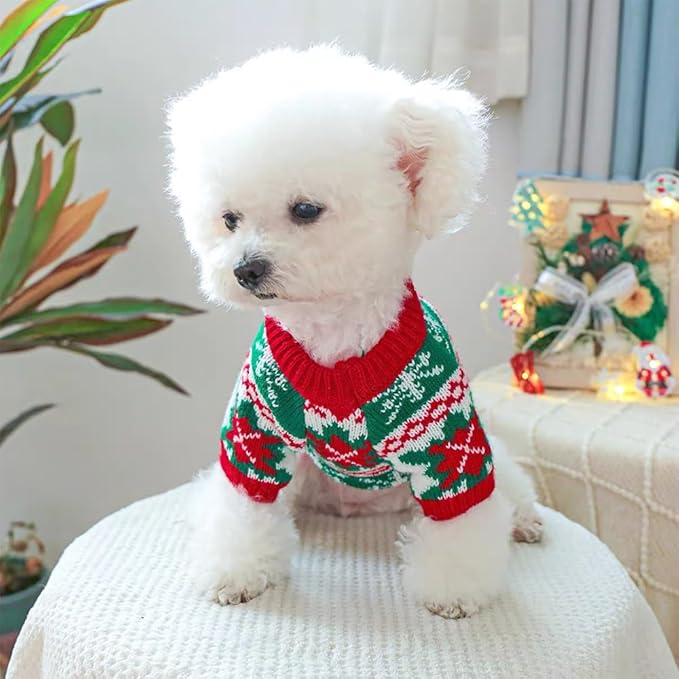 ANIAC Christmas Small Dog Sweater Costume Reindeer Snowflake Cat Turtleneck Knitwear Warm Pet Santa Outfit New Year Holiday Puppy Dog Clothes for Girl Boys (Green, X-Large)