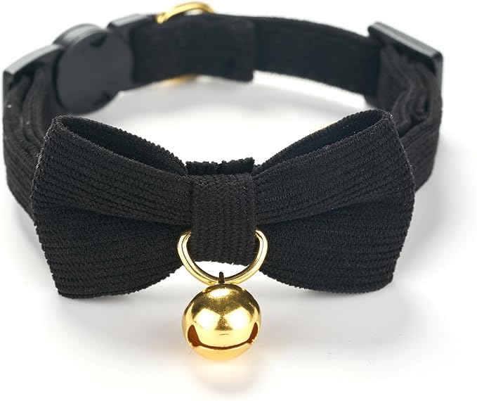2 Pack Soft Corduroy Cat Collars with Bow Tie & Bell, Adjustable Breakaway Cotton Kitty Bowtie Collar for Boy Male Cats(Black & Green)