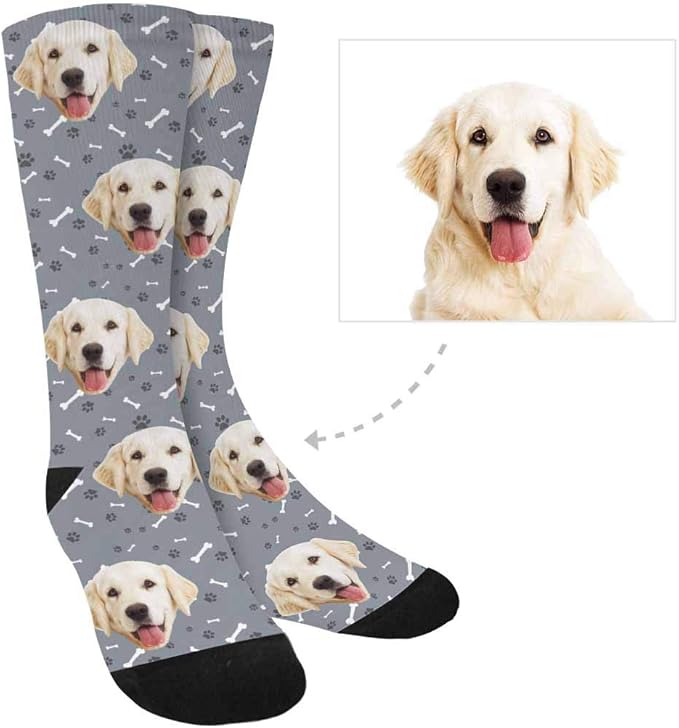 MyPupSocks Custom Personalized Photo Pet Face Socks, Cat and Dog Tracks Paws Bones Crew Socks with Picture for Men Women