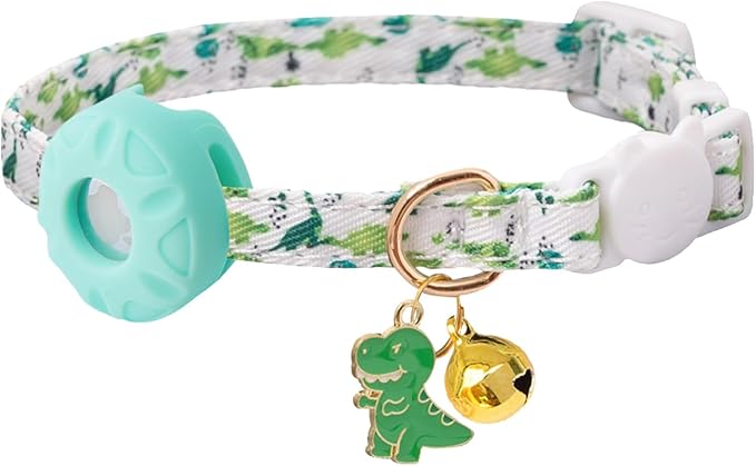Breakaway Cat Collar with Airtag Holder,Kitten Collar with Apple Air Tag Holder and Bell for Girl Boy Cats, 0.4 Inches in Width and Lightweight. (Green Dinosaur)
